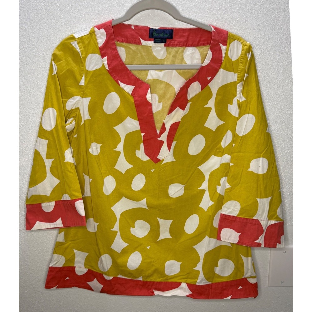 Boden Womens Mustard Yellow Pink Geometric V-Neck Tunic Top Size 14